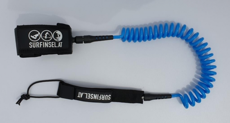 Coiled SUP leash line for knee or ankle blue